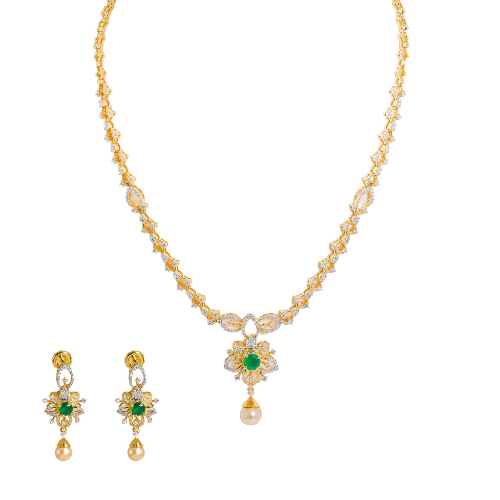 18K  Yellow Gold Diamond Necklace & Earrings Set W/ VVS Diamonds, Emeralds, Pearls & Lotus Flower Pendant |  18K Yellow Gold Diamond Necklace & Earrings Set W/ VVS Diamonds, Emeralds, Pearls & Lotu...