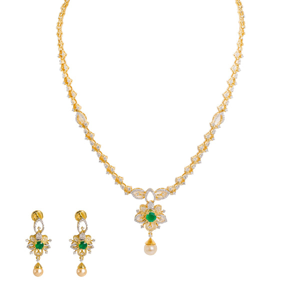 18K  Yellow Gold Diamond Necklace & Earrings Set W/ VVS Diamonds, Emeralds, Pearls & Lotus Flower Pendant |  18K Yellow Gold Diamond Necklace & Earrings Set W/ VVS Diamonds, Emeralds, Pearls & Lotu...