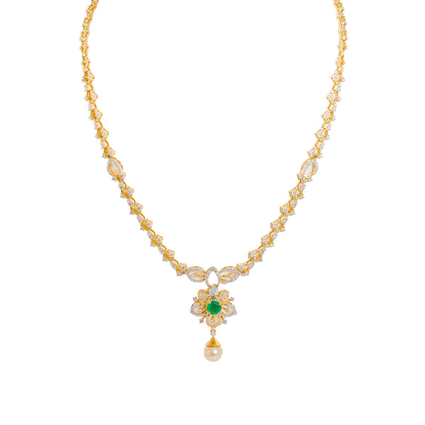 18K  Yellow Gold Diamond Necklace & Earrings Set W/ VVS Diamonds, Emeralds, Pearls & Lotus Flower Pendant |  18K Yellow Gold Diamond Necklace & Earrings Set W/ VVS Diamonds, Emeralds, Pearls & Lotu...
