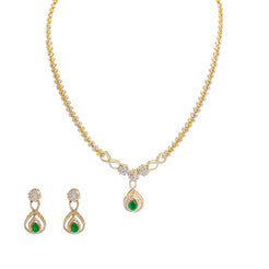 18K  Multi Tone Gold Diamond Necklace & Earrings Set W/ VVS Diamonds, Emeralds, Rubies & Leaf Vine Detail