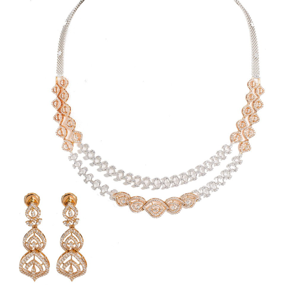 18K  Multi Tone Gold Diamond Necklace & Earrings Set W/ VVS Diamonds, Eyelet Designs & Fence Link Details |  18K Multi Tone Gold Diamond Necklace & Earrings Set W/ VVS Diamonds, Eyelet Designs & Fe...