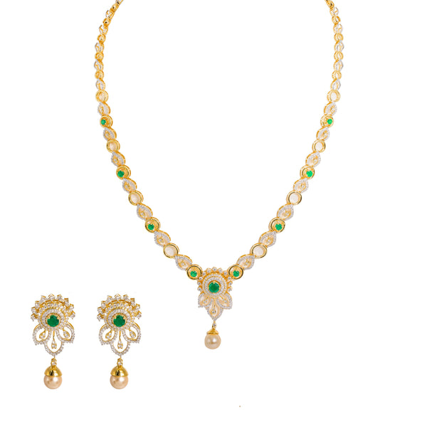 18K  Multi Tone Gold Diamond Necklace and Earrings Set W/ VVS Diamonds, Emeralds, Drop Pearls & Hibiscus Pendants |  18K Multi Tone Gold Diamond Necklace and Earrings Set W/ VVS Diamonds, Emeralds, Drop Pearls &am...