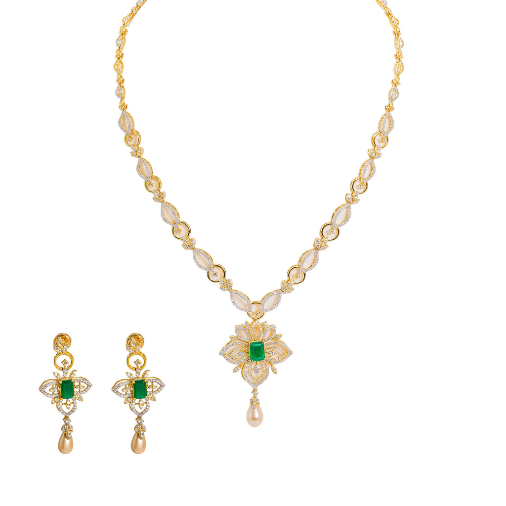 18K  Multi Tone Gold Diamond Necklace & Earrings Set W/ VVS Diamonds, Rubies, Emeralds, Pearls & Lotus Flower Pendant |  18K Multi Tone Gold Diamond Necklace & Earrings Set W/ VVS Diamonds, Rubies, Emeralds, Pearl...