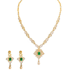 18K  Multi Tone Gold Diamond Necklace & Earrings Set W/ VVS Diamonds, Rubies, Emeralds, Pearls & Lotus Flower Pendant