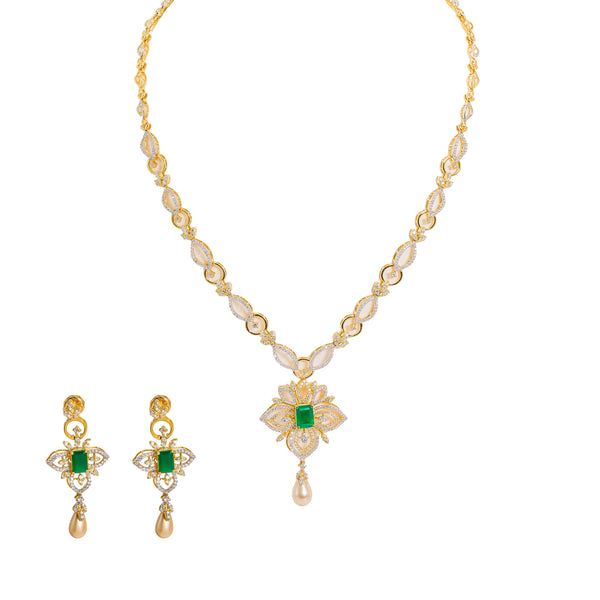 18K  Multi Tone Gold Diamond Necklace & Earrings Set W/ VVS Diamonds, Rubies, Emeralds, Pearls & Lotus Flower Pendant |  18K Multi Tone Gold Diamond Necklace & Earrings Set W/ VVS Diamonds, Rubies, Emeralds, Pearl...