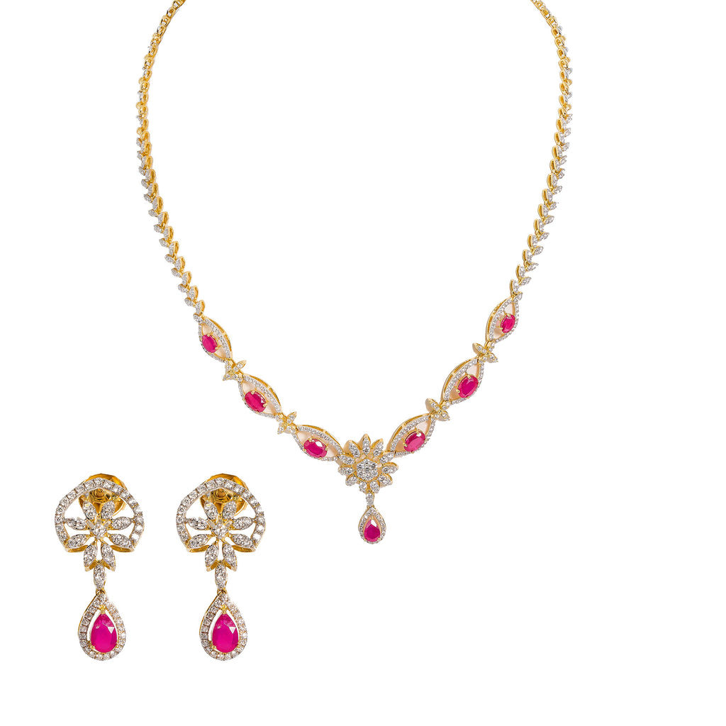 18K  Multi Tone Gold Diamond Necklace & Earrings Set W/ VVS Diamonds, Rubies & Eyelet Chain | 18K Multi Tone Gold Diamond Necklace & Earrings Set W/ VVS Diamonds, Rubies & Eyelet Chai...