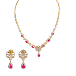 18K  Multi Tone Gold Diamond Necklace & Earrings Set W/ VVS Diamonds, Rubies & Eyelet Chain