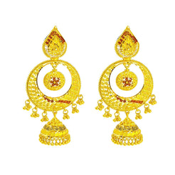 22K Yellow Gold Chandbali Earrings W/ Jhumki Drops & Filigree Details