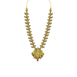 22K Yellow Gold Necklace W/ Ruby, Eyelet Laxmi Pendant & Carved Mango Accents