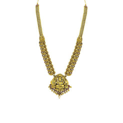 22K Yellow Gold Antique Necklace W/ Ruby, Pearl, & Laxmi Pendant on Deeply Carved Strand