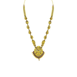 22K Yellow Gold Antique Temple Necklace W/ Rubies, Pearl & Paisley Carved Accent Chain