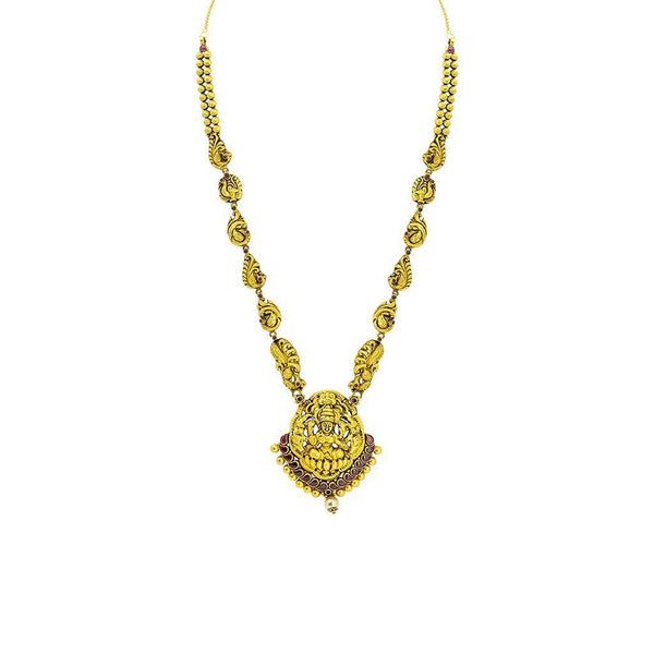 22K Yellow Gold Antique Temple Necklace W/ Rubies, Pearl & Paisley Carved Accent Chain |  22K Yellow Gold Antique Temple Necklace W/ Rubies, Pearl & Paisley Carved Accent Chain for w...