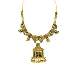 22K Yellow Gold Antique Temple Necklace W/ Ruby, Emerald & Large Laxmi Pendant on Carved Chain