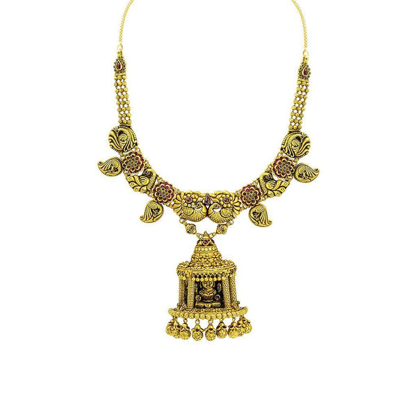 22K Yellow Gold Antique Temple Necklace W/ Ruby, Emerald & Large Laxmi Pendant on Carved Chain |  22K Yellow Gold Antique Temple Necklace W/ Ruby, Emerald & Large Laxmi Pendant on Carved Cha...