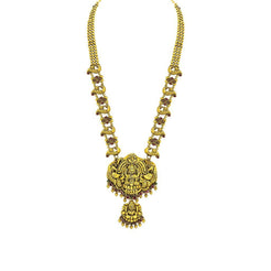 22K Yellow Gold Antique Temple Necklace W/ Ruby, Emerald, Laxmi Pendants & Open Peacock Accents