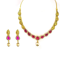 22K Yellow Gold Antique Necklace & Earrings Set W/ Mango Rubies, CZ & Drop Pearl