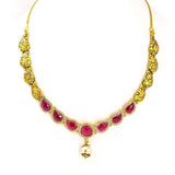 22K Yellow Gold Antique Necklace & Earrings Set W/ Mango Rubies, CZ & Drop Pearl | 22K Yellow Gold Antique Necklace & Earrings Set W/ Mango Rubies, CZ & Drop Pearl for wome...