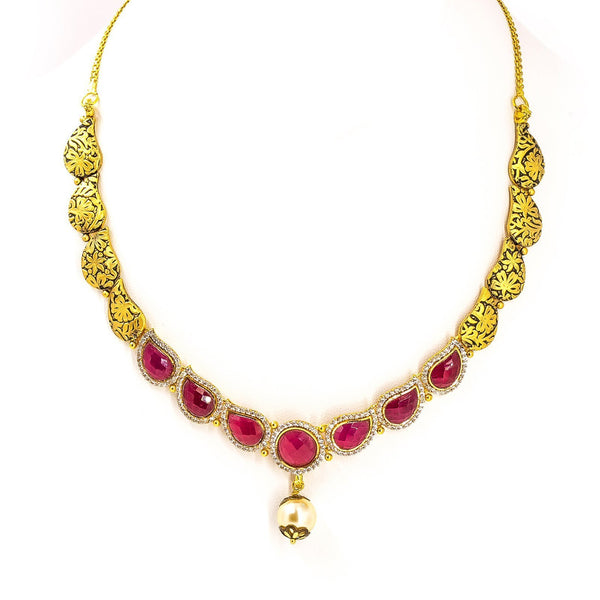22K Yellow Gold Antique Necklace & Earrings Set W/ Mango Rubies, CZ & Drop Pearl | 22K Yellow Gold Antique Necklace & Earrings Set W/ Mango Rubies, CZ & Drop Pearl for wome...