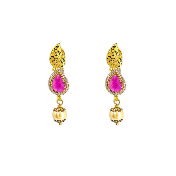 22K Yellow Gold Antique Necklace & Earrings Set W/ Mango Rubies, CZ & Drop Pearl | 22K Yellow Gold Antique Necklace & Earrings Set W/ Mango Rubies, CZ & Drop Pearl for wome...