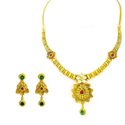 22K Yellow Antique Gold Necklace & Earrings Set W/ Ruby & Emerald Kundan on Lotus Charm