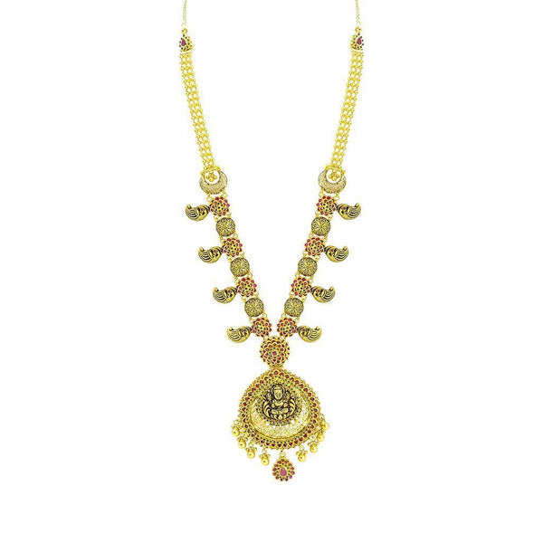 22K Yellow Gold Necklace & Earrings Set W/ Ruby, Emeralds, Pear Shaped Laxmi Pendants & Floral Accents |  22K Yellow Gold Necklace & Earrings Set W/ Ruby, Emeralds, Pear Shaped Laxmi Pendants & ...