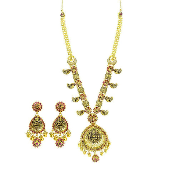 22K Yellow Gold Necklace & Earrings Set W/ Ruby, Emeralds, Pear Shaped Laxmi Pendants & Floral Accents |  22K Yellow Gold Necklace & Earrings Set W/ Ruby, Emeralds, Pear Shaped Laxmi Pendants & ...