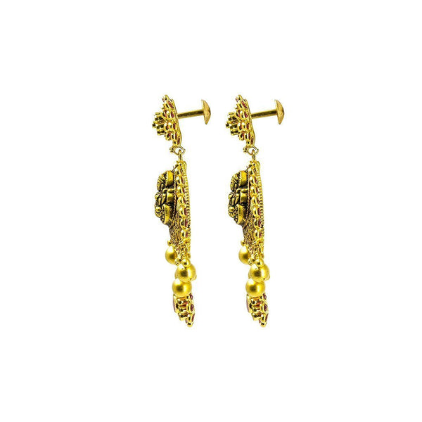 22K Yellow Gold Necklace & Earrings Set W/ Ruby, Emeralds, Pear Shaped Laxmi Pendants & Floral Accents |  22K Yellow Gold Necklace & Earrings Set W/ Ruby, Emeralds, Pear Shaped Laxmi Pendants & ...