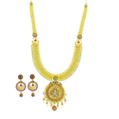 22K Yellow Gold Necklace & Earrings Set W/ CZ, Ruby, Emerald, Pearls & Laxmi Pendant on U-Shaped Beaded Chain