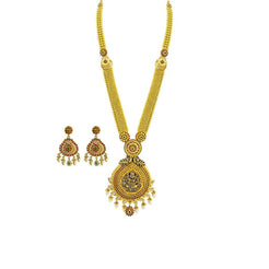 22K Yellow Gold Necklace & Earrings Set W/ Ruby, Emerald, CZ & Pearls on Plunging Beaded Chain
