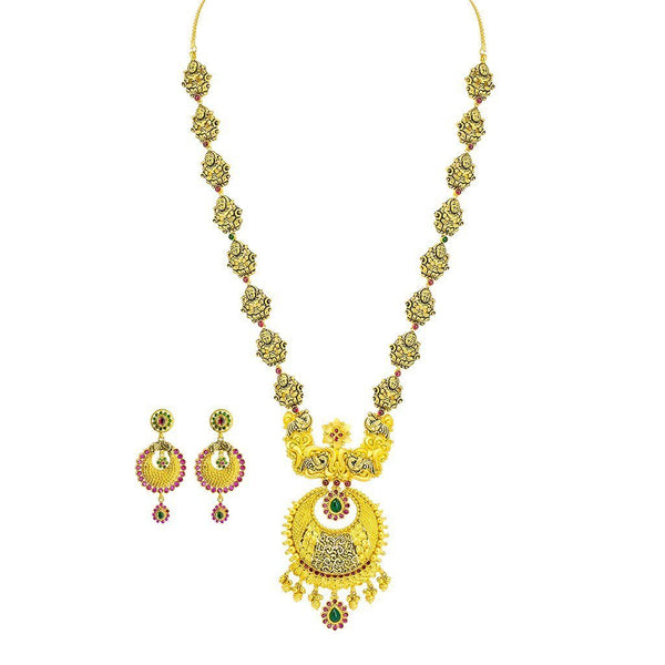 22K Yellow Gold Necklace & Earrings Set W/ Emerald, Ruby, Laxmi Accent Chain and Chandbali Pendant |  22K Yellow Gold Necklace & Earrings Set W/ Emerald, Ruby, Laxmi Accent Chain and Chandbali P...
