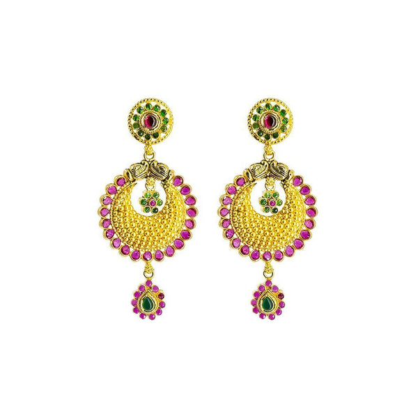 22K Yellow Gold Necklace & Earrings Set W/ Emerald, Ruby, Laxmi Accent Chain and Chandbali Pendant |  22K Yellow Gold Necklace & Earrings Set W/ Emerald, Ruby, Laxmi Accent Chain and Chandbali P...