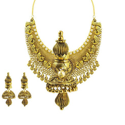 22K Yellow Gold Necklace & Earrings Set W/ CZ & Carved Details on Jhumki Pendant Choker