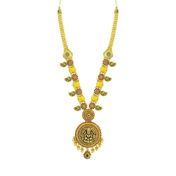 22K Yellow Gold Necklace & Earring set W/ Ruby, Emerald, Laxmi Pendant & Gold Ball Accents |  22K Yellow Gold Necklace & Earring set W/ Ruby, Emerald, Laxmi Pendant & Gold Ball Accen...