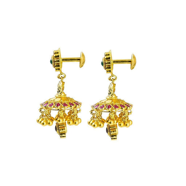 22K Yellow Gold Necklace & Earring set W/ Ruby, Emerald, Laxmi Pendant & Gold Ball Accents |  22K Yellow Gold Necklace & Earring set W/ Ruby, Emerald, Laxmi Pendant & Gold Ball Accen...