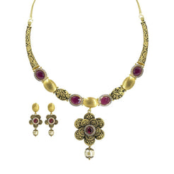 22K Yellow Gold Necklace & Earrings Set W/ Ruby, CZ & Hanging Pearl on Engraved Flower Crescent Choker
