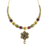 22K Yellow Gold Necklace & Earrings Set W/ Ruby, CZ & Hanging Pearl on Engraved Flower Crescent Choker |  22K Yellow Gold Necklace & Earrings Set W/ Ruby, CZ & Hanging Pearl on Engraved Flower C...