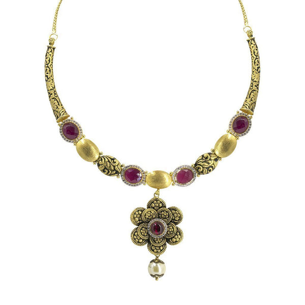 22K Yellow Gold Necklace & Earrings Set W/ Ruby, CZ & Hanging Pearl on Engraved Flower Crescent Choker |  22K Yellow Gold Necklace & Earrings Set W/ Ruby, CZ & Hanging Pearl on Engraved Flower C...