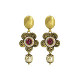 22K Yellow Gold Necklace & Earrings Set W/ Ruby, CZ & Hanging Pearl on Engraved Flower Crescent Choker |  22K Yellow Gold Necklace & Earrings Set W/ Ruby, CZ & Hanging Pearl on Engraved Flower C...