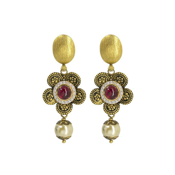 22K Yellow Gold Necklace & Earrings Set W/ Ruby, CZ & Hanging Pearl on Engraved Flower Crescent Choker |  22K Yellow Gold Necklace & Earrings Set W/ Ruby, CZ & Hanging Pearl on Engraved Flower C...