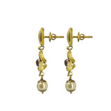 22K Yellow Gold Necklace & Earrings Set W/ Ruby, CZ & Hanging Pearl on Engraved Flower Crescent Choker |  22K Yellow Gold Necklace & Earrings Set W/ Ruby, CZ & Hanging Pearl on Engraved Flower C...