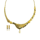 22K Yellow Gold Necklace & Earrings Set W/ Kundan & Hanging Pearl on Asymmetrical Drop Collar |  22K Yellow Gold Necklace & Earrings Set W/ Kundan & Hanging Pearl on Asymmetrical Drop C...