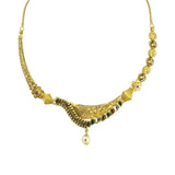 22K Yellow Gold Necklace & Earrings Set W/ Kundan & Hanging Pearl on Asymmetrical Drop Collar |  22K Yellow Gold Necklace & Earrings Set W/ Kundan & Hanging Pearl on Asymmetrical Drop C...