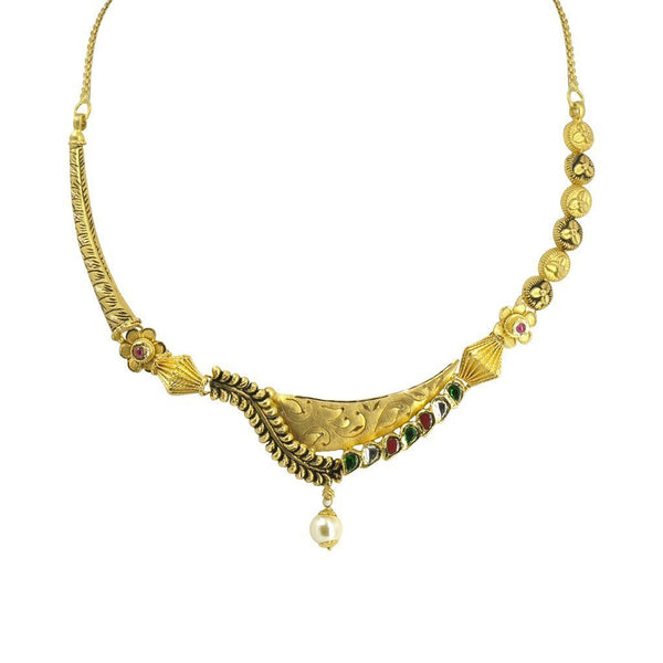 22K Yellow Gold Necklace & Earrings Set W/ Kundan & Hanging Pearl on Asymmetrical Drop Collar |  22K Yellow Gold Necklace & Earrings Set W/ Kundan & Hanging Pearl on Asymmetrical Drop C...
