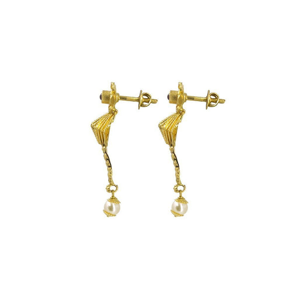 22K Yellow Gold Necklace & Earrings Set W/ Kundan & Hanging Pearl on Asymmetrical Drop Collar |  22K Yellow Gold Necklace & Earrings Set W/ Kundan & Hanging Pearl on Asymmetrical Drop C...
