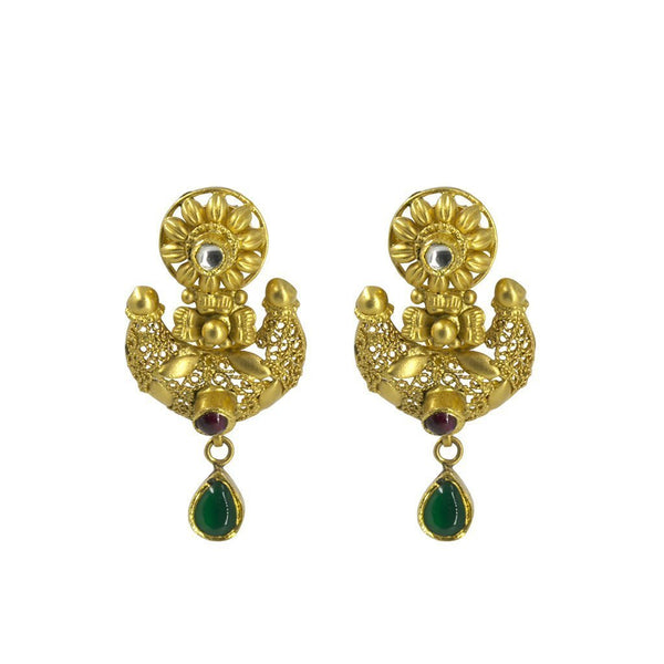 22K Yellow Gold Necklace & Earrings Set W/ Kundan on Anchor Pendants & Thick Beaded Strand |  22K Yellow Gold Necklace & Earrings Set W/ Kundan on Anchor Pendants & Thick Beaded Stra...