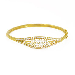 22K Yellow Gold Bangle W/ Cubic Zirconia & Open Cut Eyelet Centerpiece