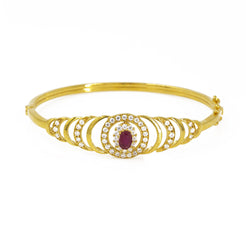 22K Yellow Gold Bangle W/ Ruby, CZ & Eyelet Centerpiece