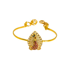 22K Yellow Gold Baby Bangle W/ CZ Gems & Peacock Design on Pear-Shaped Frame