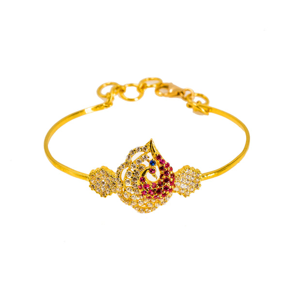 22K Yellow Gold Baby Bangle W/ CZ Gems, Peacock Pendant & Encrusted Flower Accents |  22K Yellow Gold Baby Bangle W/ CZ Gems, Peacock Pendant & Encrusted Flower Accents. This bea...