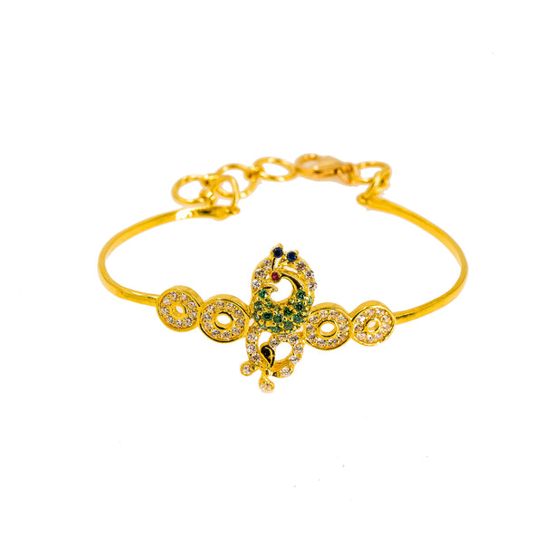 22K Yellow Gold Baby Bangle W/ CZ Gems, Ornate Peacock & 4-Circle Accents |  22K Yellow Gold Baby Bangle W/ CZ Gems, Ornate Peacock & 4-Circle Accents. This beautiful ye...